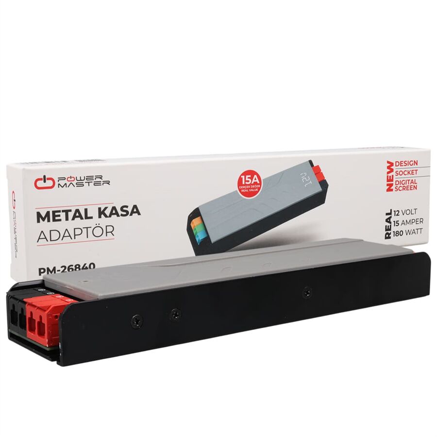 Powermaster PM-26840 12 Volt 15 Amper 180 Watt Slim Metal Kasa Adaptör 218X51x27mm