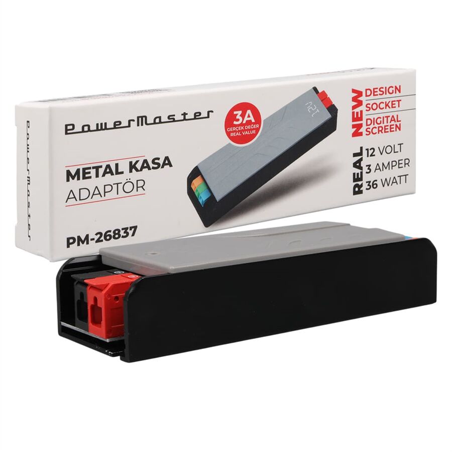 Ayt Powermaster PM-26837 12 Volt 3 Amper 36 Watt Slim Metal Kasa Adaptör Voltaj Göstergeli 128X42x27mm