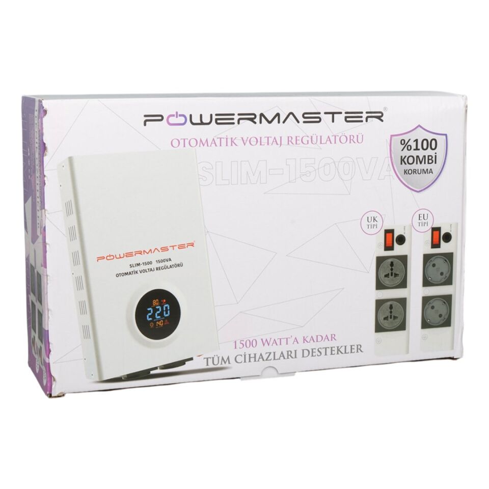 Powermaster SLIM-1500 Otomatik 1500VA Kombi Voltaj Regülatörü (İngiliz Fişli Ve Evrensel Çoklu Soketli)