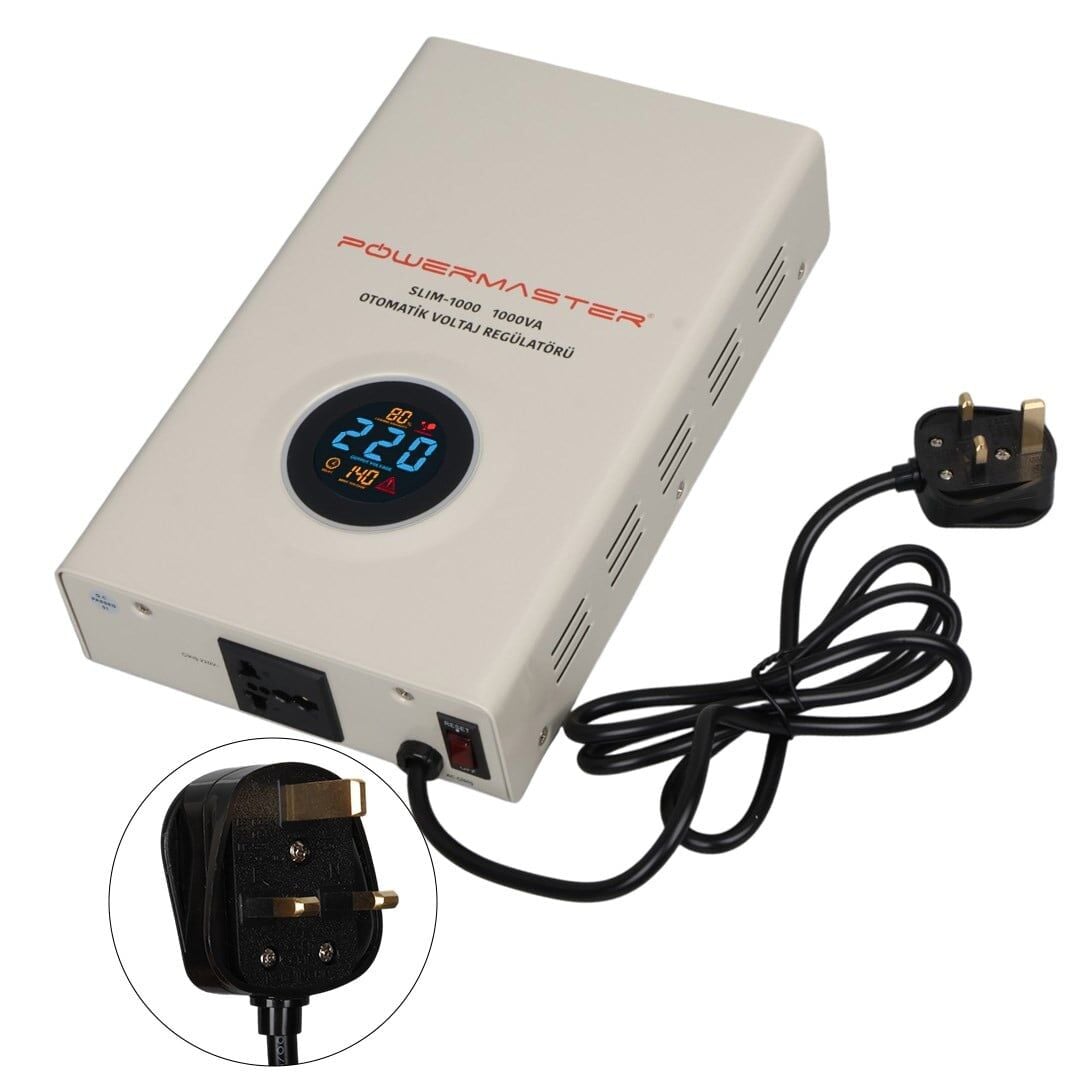 Powermaster SLIM-1000 Otomatik 1000VA Kombi Voltaj Regülatörü (İngiliz Fişli Ve Evrensel Çoklu Soketli)