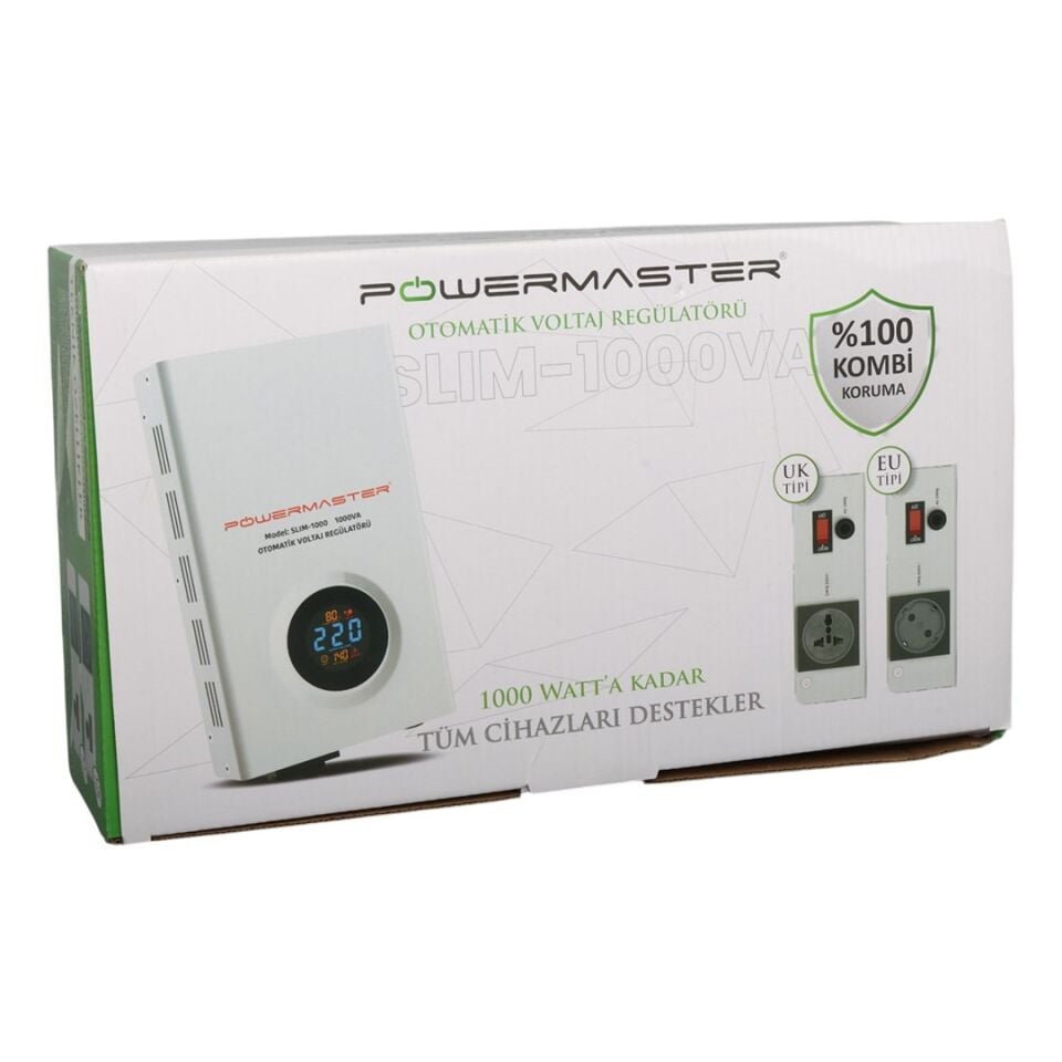 Powermaster SLIM-1000 Otomatik 1000VA Kombi Voltaj Regülatörü (İngiliz Fişli Ve Evrensel Çoklu Soketli)