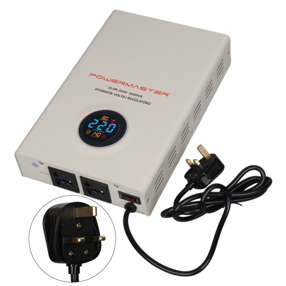 Powermaster SLIM-2000 Otomatik 2000VA Kombi Voltaj Regülatörü (İngiliz Fişli Ve Evrensel Çoklu Soketli)