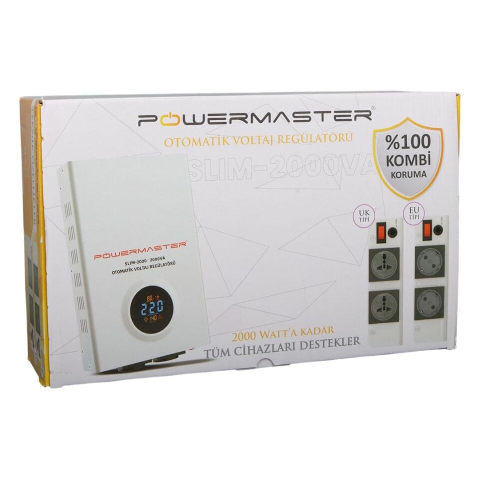 Powermaster SLIM-2000 Otomatik 2000VA Kombi Voltaj Regülatörü (İngiliz Fişli Ve Evrensel Çoklu Soketli)