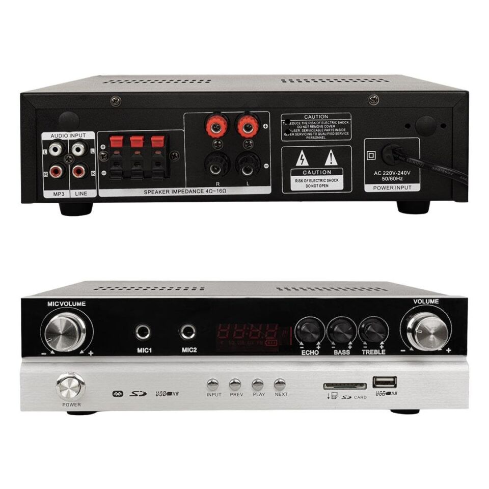 Ayt Magicvoice MV-22561 2x50 Watt Amfi Usb Sd Bluetooth Uk Stereo 2 Mikrofonlu Girişli Trafosuz Anfi