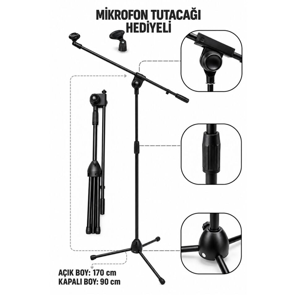 Magicvoice MV-2475 Profesyonel Ayarlanabilir Akrobat Bum Kollu Tripod Mikrofon Boy Sehpası 90Cm-176Cm