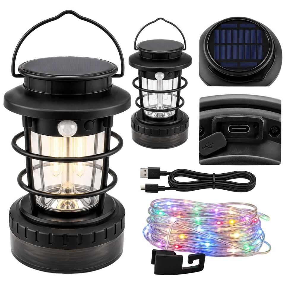 Powermaster HOP-8819 Solar Güneş Enerjili Sensörlü Kamp Lambası Nostalji Led Lamba Aydınlatma