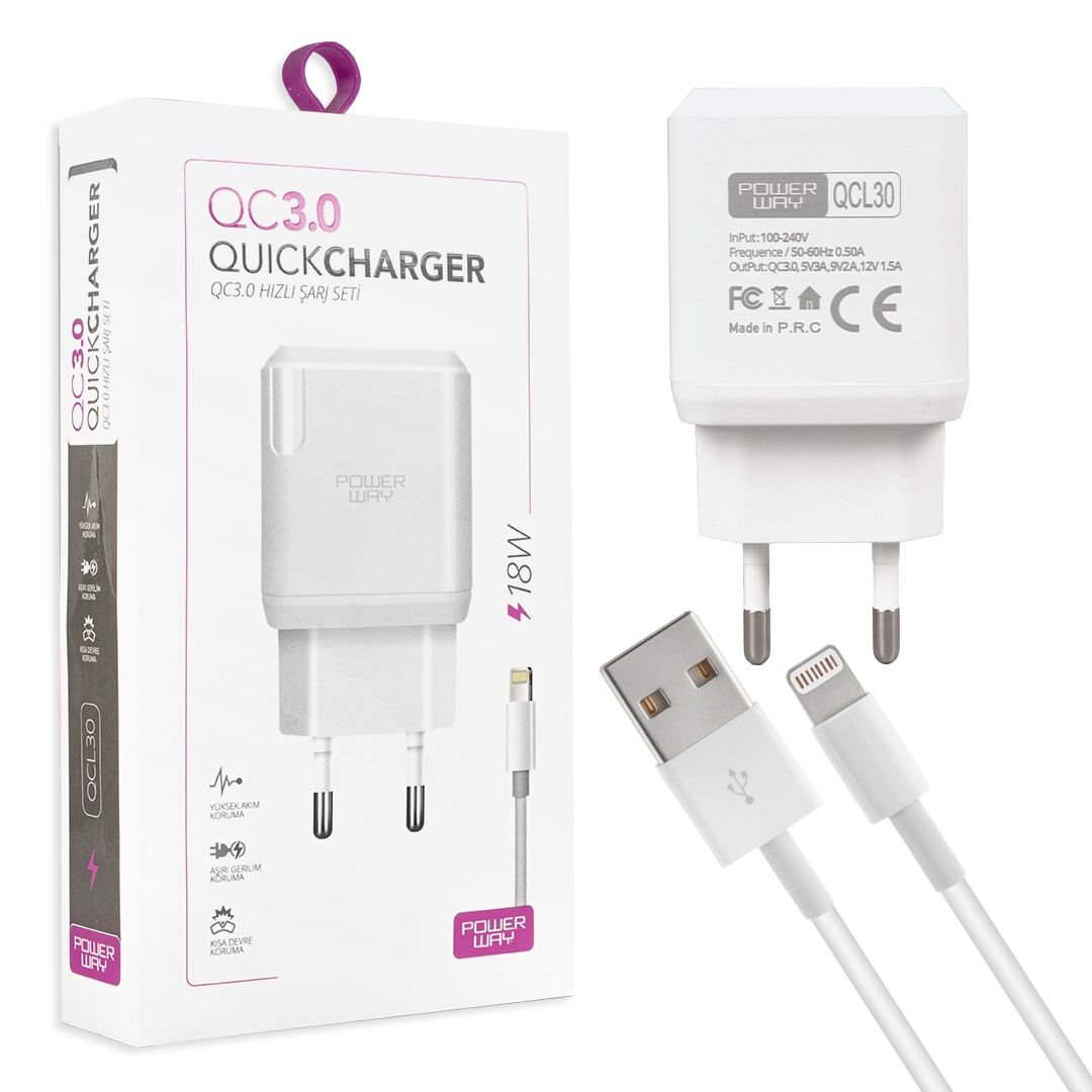 Powerway Qcl30 Hızlı 3000 Ma 18w Lightning Şarj Kafa Başlık Adaptörü