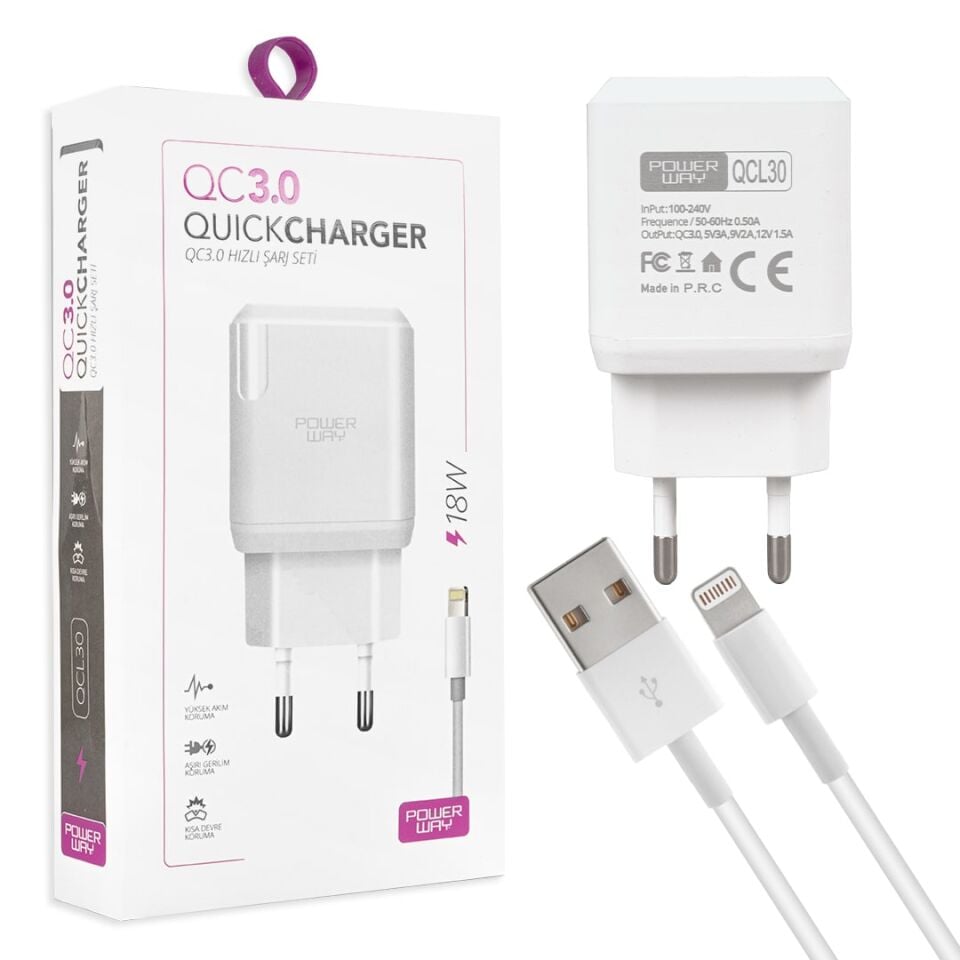 Powerway Qcl30 Hızlı 3000 Ma 18w Lightning Şarj Kafa Başlık Adaptörü