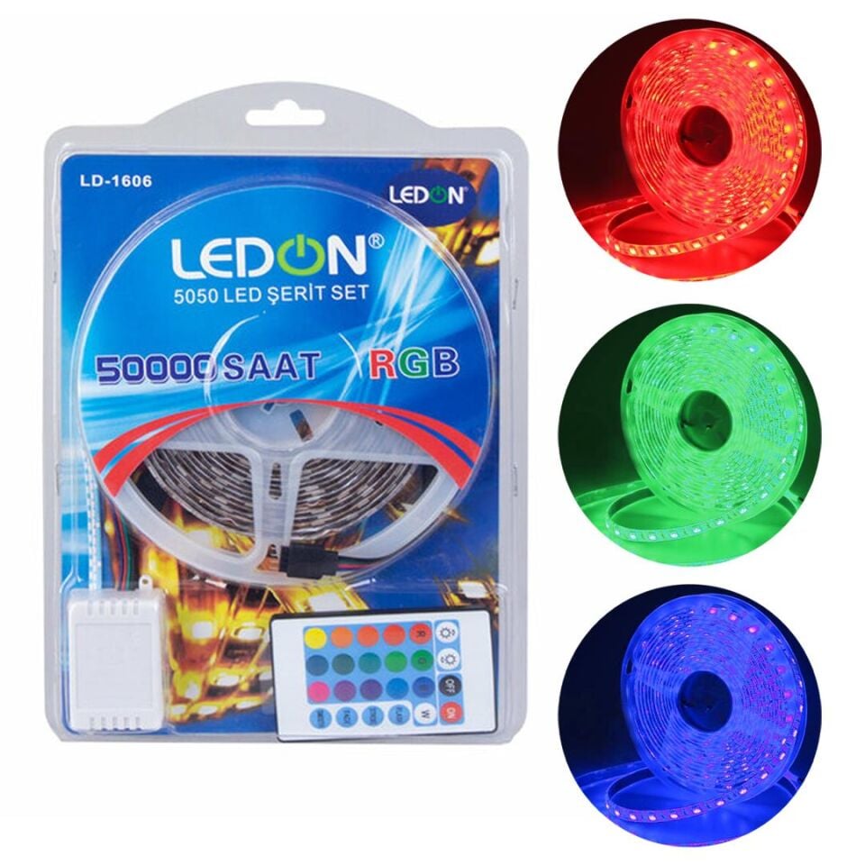 Ayt Ledon LD-1606 Su Geçirmez 5 Metre Rgb Şerit Led Animasyon Devreli Adaptörlü Set 3 Çipli Silikonlu Dış Cephe Uygun