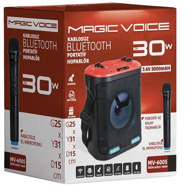 Ayt Magicvoice MV-6005 VHF El Mikrofonlu USB-SD-BT Işıklı 30 W Taşınabilir Şarjlı Seyyar Anfi Taşınabilir Hoparlör