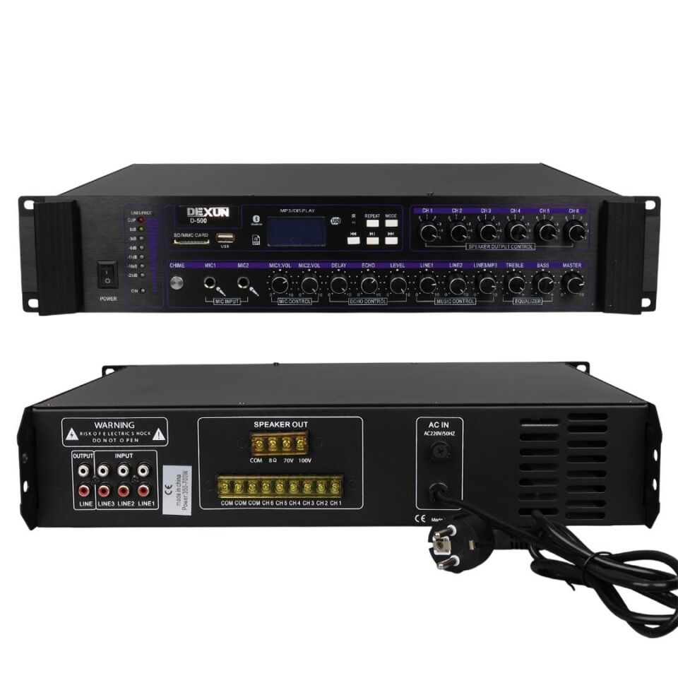 Dexun D-500 Usb Sd Kart Bluetooth 350-700 W 6 Bölgeli Amfi 3 Aux 3 Mikrofon Giriş Trafolu Mixer Anfi