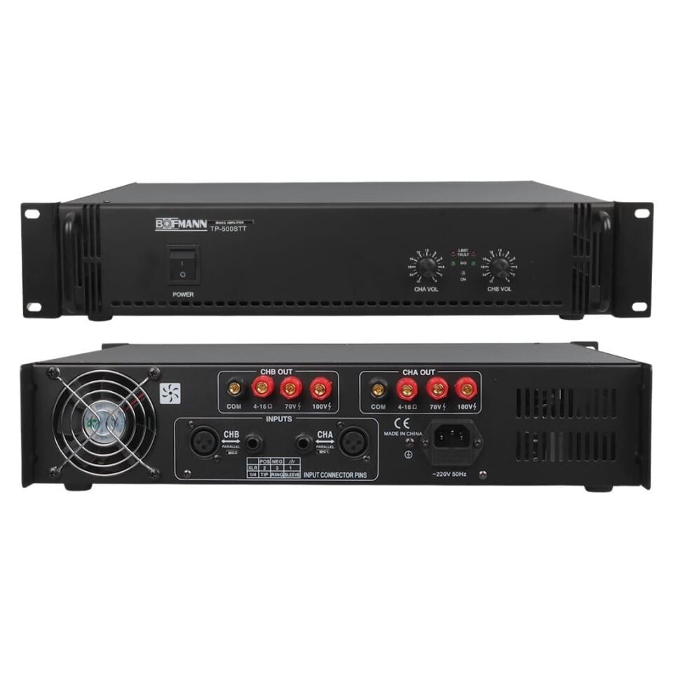 Bofmann TP-500STT 2X250w Hat Trafolu Stereo Power Amfi 100V Profesyonel Ses Sistemi Anfi