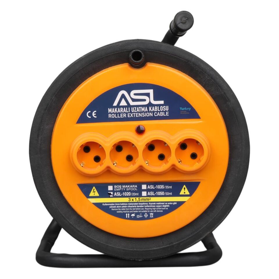 ASL ASL-1020 20 Metre 4 Priz Girişli Makaralı Uzatma Kablosu 3000W 3X1.5Mm