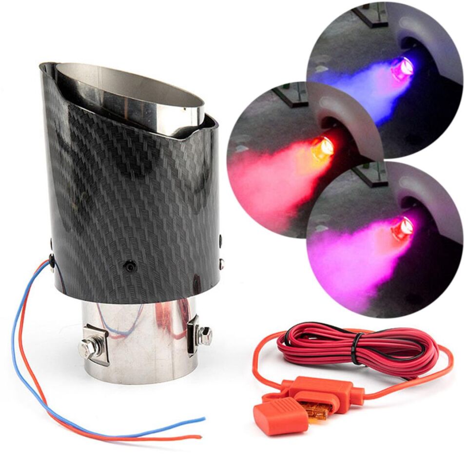 Powermaster PM-20518 Karbon Fiber Görünümlü Işıklı Egzoz Başlığı Modifiye Ucu (Sabit Mavi/Kırmızı LED)