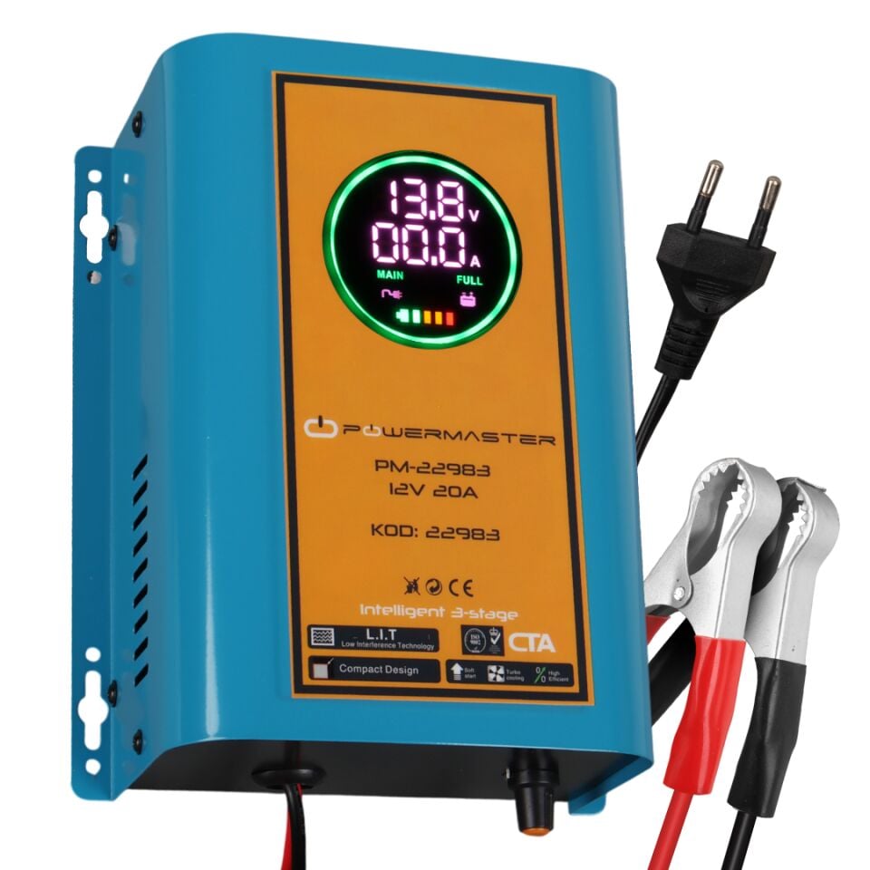 Powermaster PM-22983 12 Volt 20 Amper Dijital Ekranlı Akü Şarj Cihazı Oto Araç Motosiklet Akü Şarj Aleti