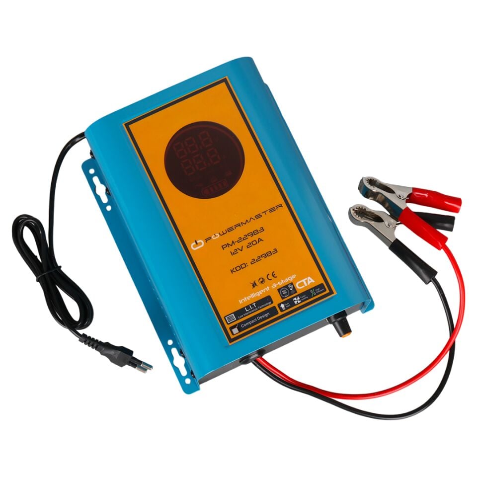 Powermaster PM-22983 12 Volt 20 Amper Dijital Ekranlı Akü Şarj Cihazı Oto Araç Motosiklet Akü Şarj Aleti