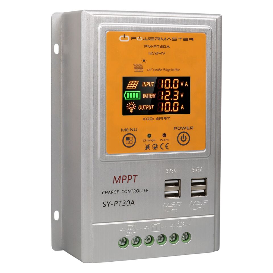 Powermaster PM-PT30A 12V 24V 30A MPPT 4 Usb'li Dijital Otomatik Solar Güneş Enerjisi Şarj Regülatörü
