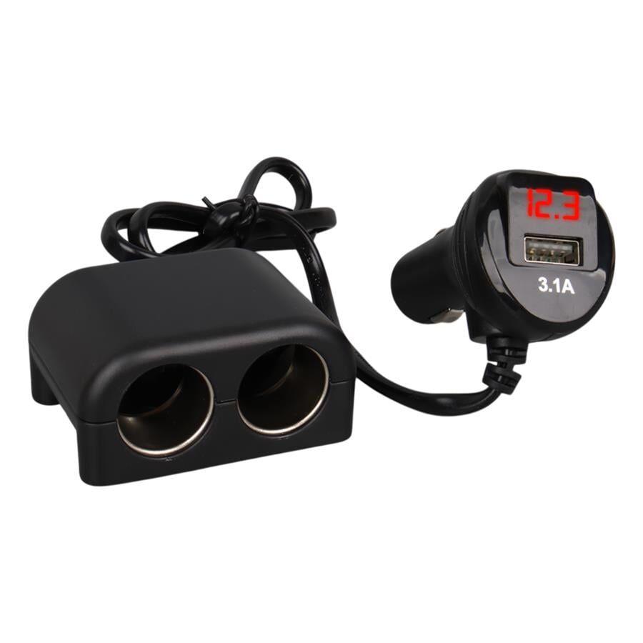 Olesson 1641 12-24V Tek USB Girişli 120W 80Cm Kablolu Dijital Voltaj Ekranlı 2'Li Araç Çakmak Çoklayıcı