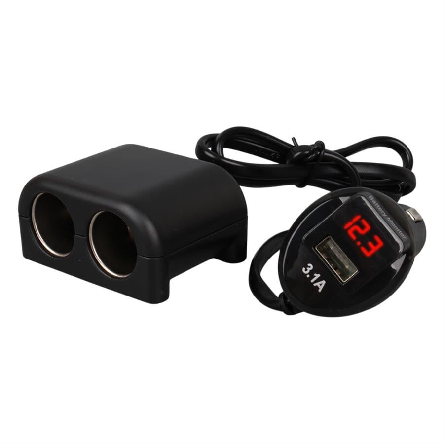 Olesson 1641 12-24V Tek USB Girişli 120W 80Cm Kablolu Dijital Voltaj Ekranlı 2'Li Araç Çakmak Çoklayıcı
