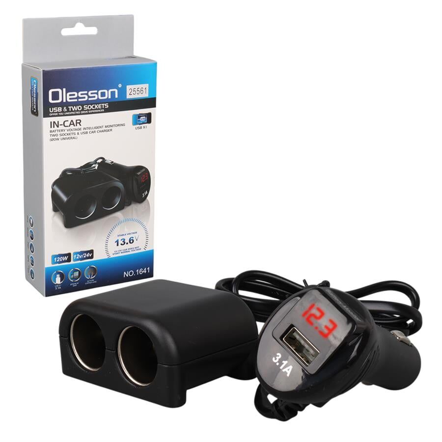 Ayt Olesson 1641 12-24V Çiftli Usbli 120W 80Cm Kablolu Dijital Ekranlı Araç Oto Tır Çakmak Çoklayıcı Çakmaklık Çoğaltıcı