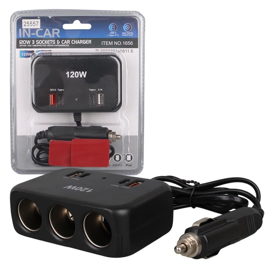Ayt Olesson 1656 12-24V 3 Lü Çift Usb Çift Type-C 120W 80Cm Kablolu Araç Oto Tır Çakmak Çoklayıcı Çakmaklık Çoğaltıcı