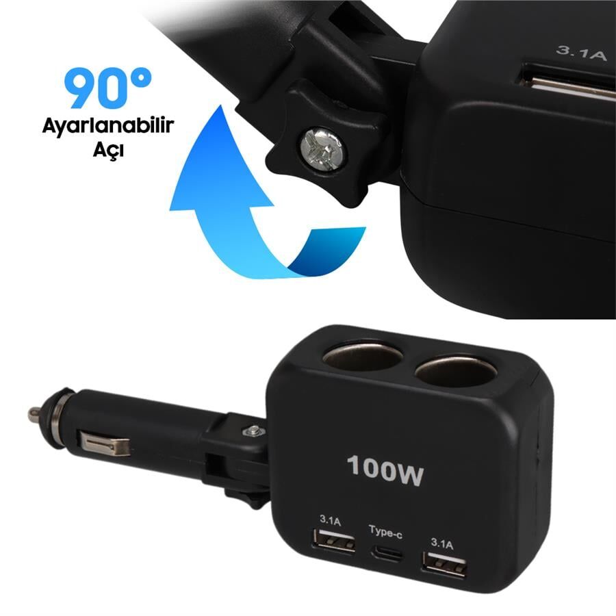 Ayt Olesson 1655 12-24V Çiftli Type-C Çift Usbli 100W Araç Oto Tır Çakmak Çoklayıcı Çakmaklık Çoğaltıcı
