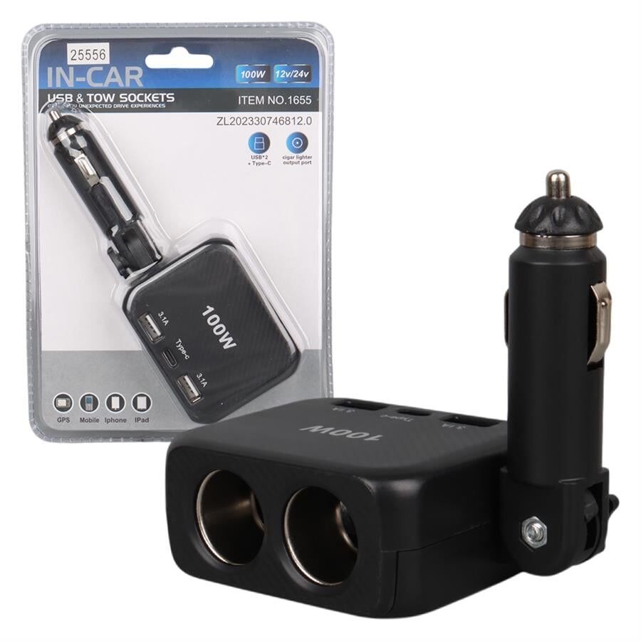 Ayt Olesson 1655 12-24V Çiftli Type-C Çift Usbli 100W Araç Oto Tır Çakmak Çoklayıcı Çakmaklık Çoğaltıcı