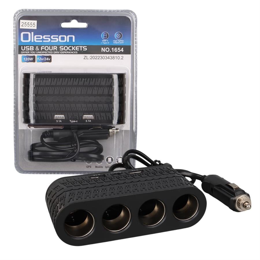 Ayt Olesson 1654 12-24V 4Lü Çift Usb Type-C 120W 80Cm Kablolu Araç Oto Tır Çakmak Çoklayıcı Çakmaklık Çoğaltıcı
