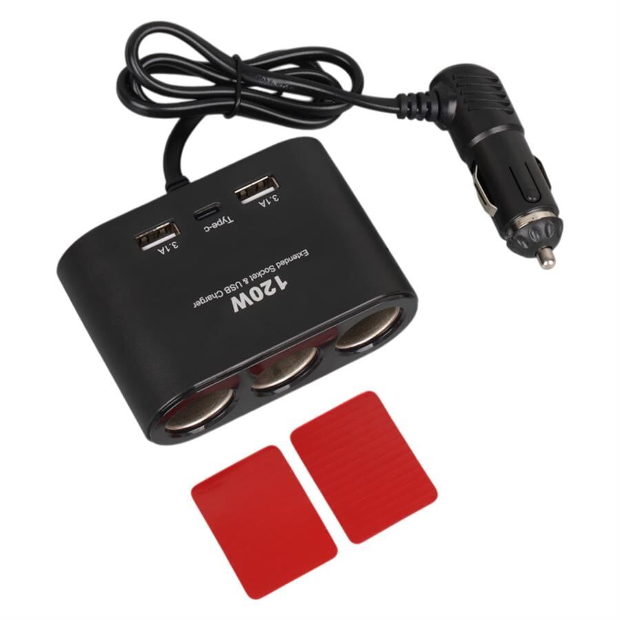 Olesson 1653 12-24V Çift USB + TYPE-C Girişli 100W 70Cm Kablolu 3'Lü Araç Çakmak Çoklayıcı