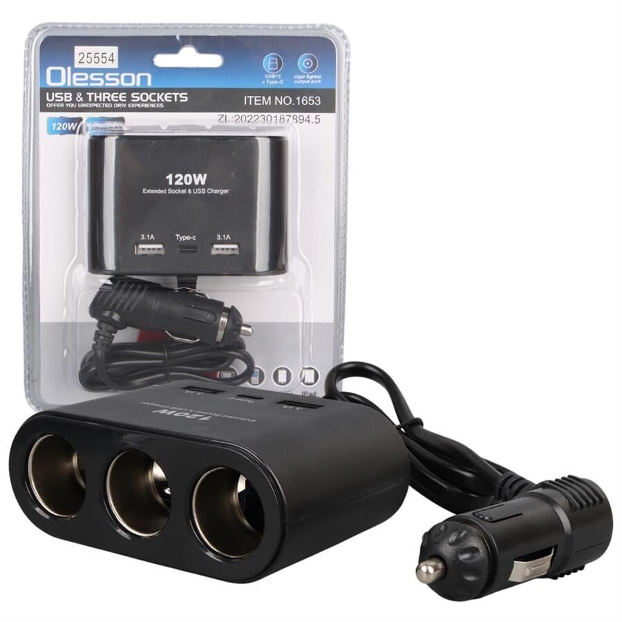 Ayt Olesson 1653 12-24V 3Lü Çift Usb Type-C 100W 70 Cm Kablolu Araç Oto Tır Çakmak Çoklayıcı Çakmaklık Çoğaltıcı
