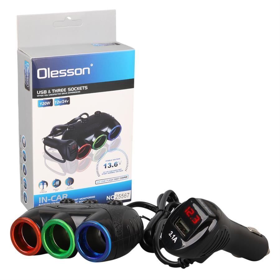 Ayt Olesson 1633 12-24V 3Lü Usbli 120W 80Cm Kablolu Dijital Ekranlı Araç Oto Tır Çakmak Çoklayıcı Çakmaklık Çoğaltıcı