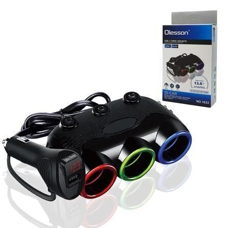 Olesson 1633 12-24V Tek USB Girişli 120W 80Cm Kablolu Dijital Voltaj Ekranlı 3'Lü Araç Çakmak Çoklayıcı
