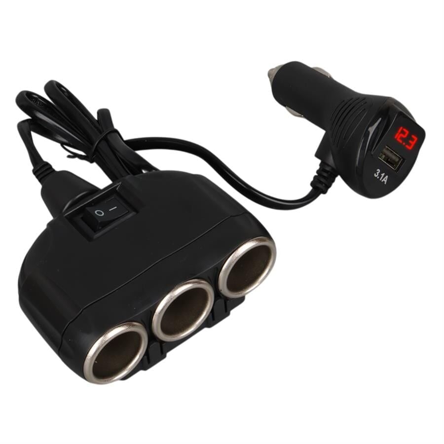 Olesson 1634 12-24V Tek USB Girişli 120W 80Cm Kablolu Dijital Voltaj Ekranlı 3'Lü Araç Çakmak Çoklayıcı