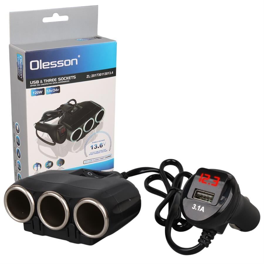 Ayt Olesson 1634 12-24V 3Lü Usbli 120W 80Cm Kablolu Dijital Ekranlı Araç Oto Tır Çakmak Çoklayıcı Çakmaklık Çoğaltıcı