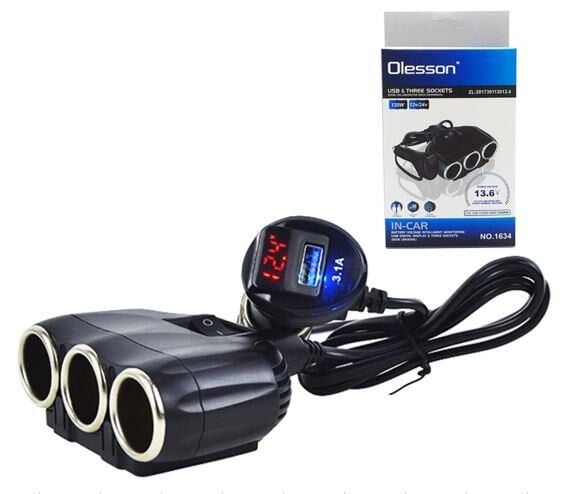 Olesson 1634 12-24V Tek USB Girişli 120W 80Cm Kablolu Dijital Voltaj Ekranlı 3'Lü Araç Çakmak Çoklayıcı