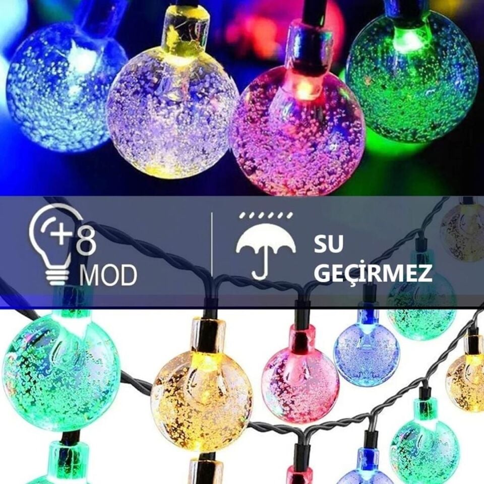 Powermaster PM-29079 Solar Kristal Top Dekoratif Bahçe Lambası 5M Çok Renkli Animasyonlu Dış Mekan LED Işık Zinciri