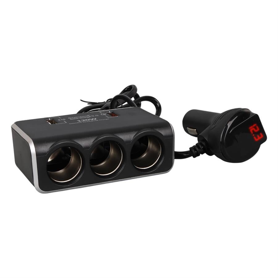 Olesson 1639 12-24V Çift USB Girişli Hızlı Şarj Destekli 120W 80Cm Kablolu Dijital Voltaj Ekranlı 3'Lü Araç Çakmak Çoklayıcı