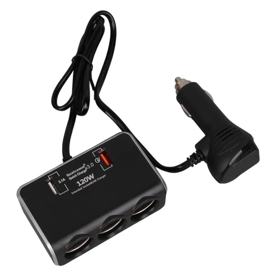 Olesson 1639 12-24V Çift USB Girişli Hızlı Şarj Destekli 120W 80Cm Kablolu Dijital Voltaj Ekranlı 3'Lü Araç Çakmak Çoklayıcı