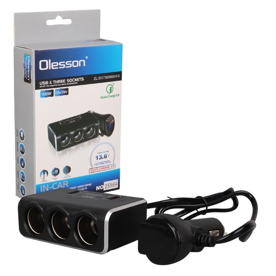 Olesson 1639 12-24V Çift USB Girişli Hızlı Şarj Destekli 120W 80Cm Kablolu Dijital Voltaj Ekranlı 3'Lü Araç Çakmak Çoklayıcı