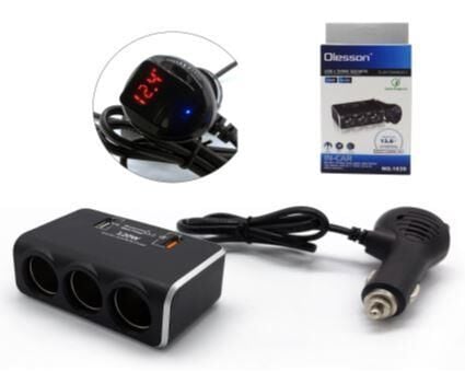 Olesson 1639 12-24V Çift USB Girişli Hızlı Şarj Destekli 120W 80Cm Kablolu Dijital Voltaj Ekranlı 3'Lü Araç Çakmak Çoklayıcı