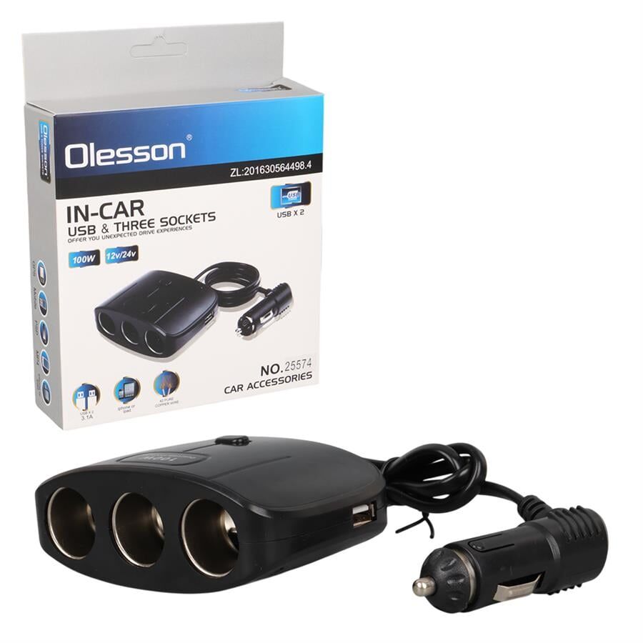 Ayt Olesson 1635 12-24V 3Lü Çift Usbli 100W 70 Cm Kablolu Araç Oto Tır Çakmak Çoklayıcı Çakmaklık Çoğaltıcı