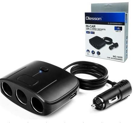 Olesson 1635 12-24V Çift USB Girişli 100W 70 CM Kablolu 3'LÜ Araç Çakmak Çoklayıcı 100X66x40mm