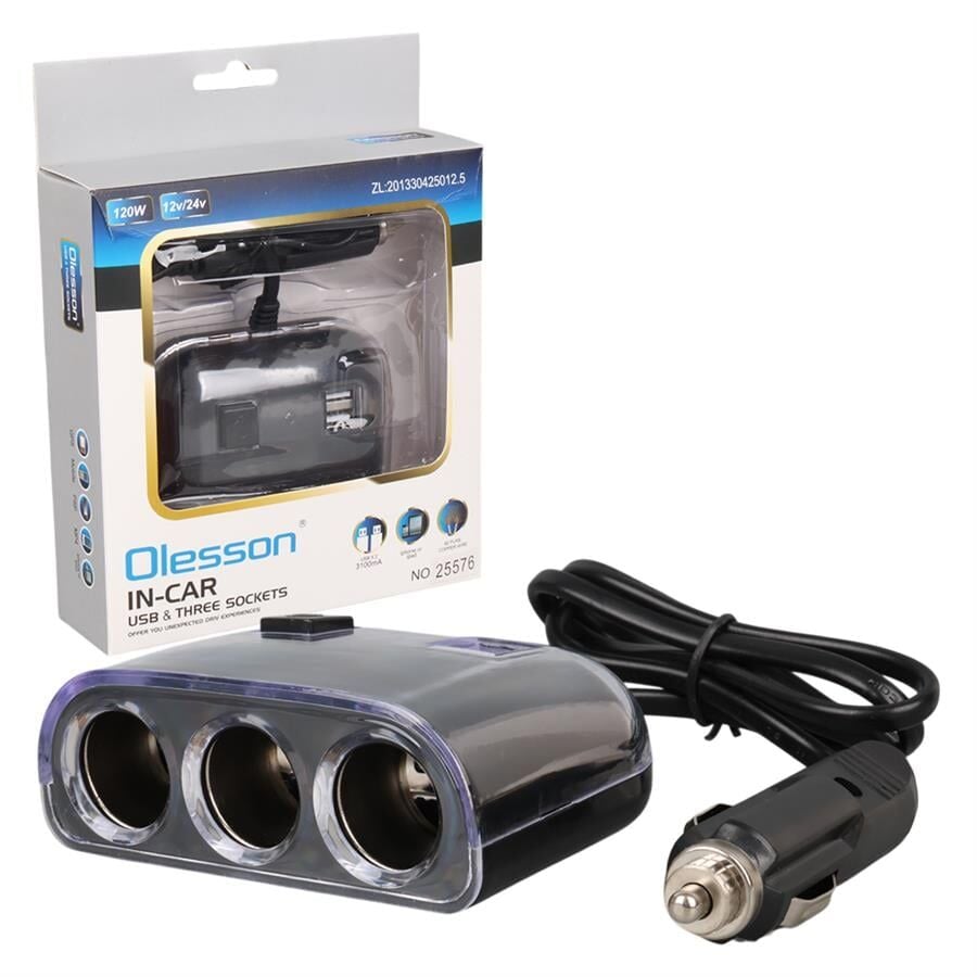 Ayt Olesson 1505 12-24V 3Lü Çift Usbli 120W 80 Cm Kablolu Araç Oto Tır Çakmak Çoklayıcı Çakmaklık Çoğaltıcı