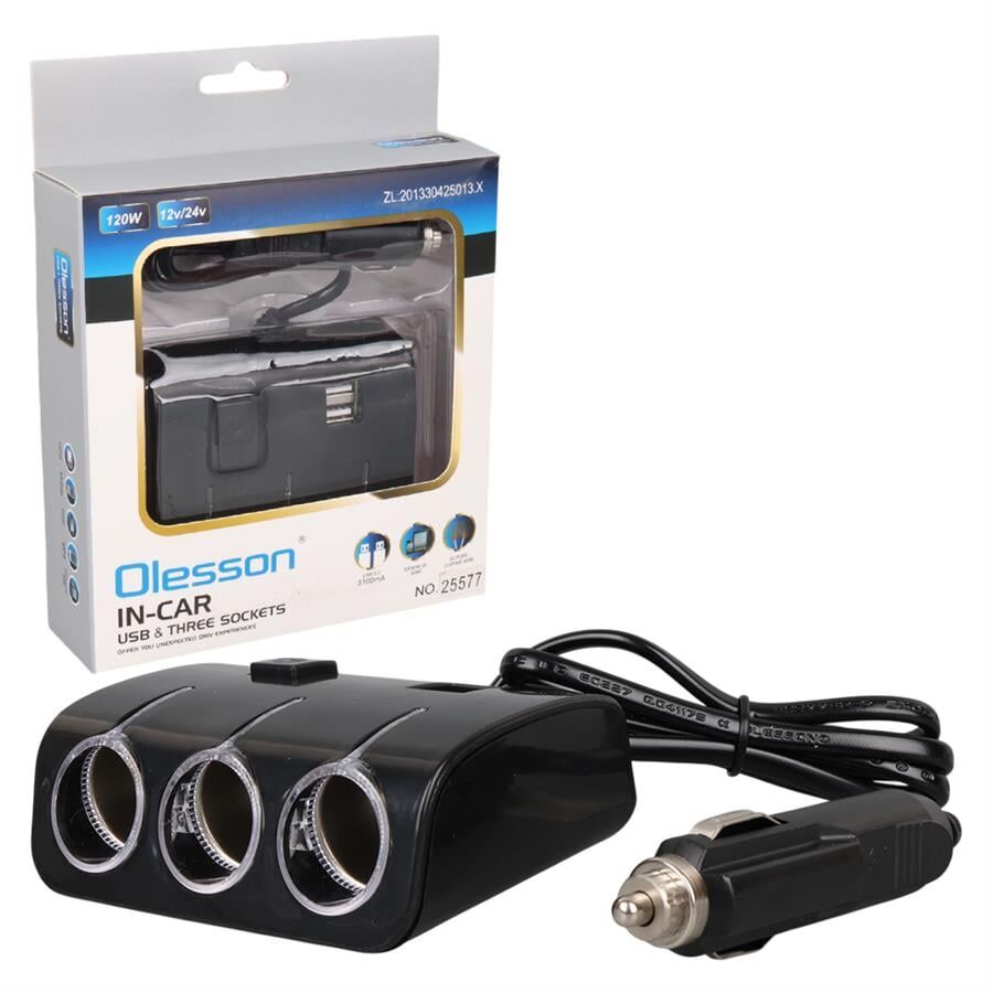 Ayt Olesson 1506 12-24V 3Lü Çift Usbli 120W 80 Cm Kablolu Araç Oto Tırç Çakmak Çoklayıcı Çakmaklık Çoğaltıcı
