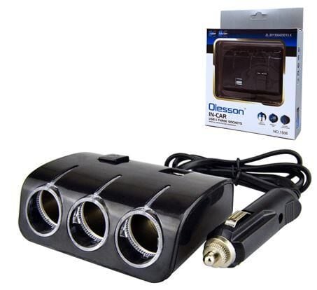 Olesson 1506 12-24V Çift USB Girişli 120W 80 CM Kablolu 3'LÜ Araç Çakmak Çoklayıcı