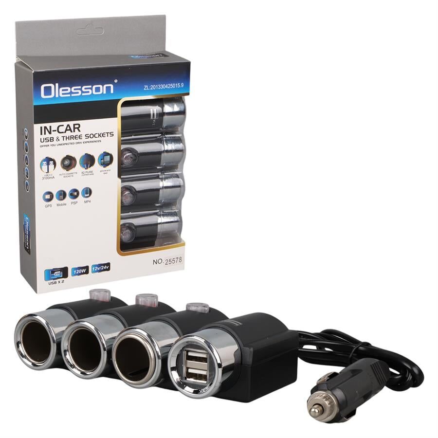 Ayt Olesson 1508 12-24V 3Lü Çift Usbli 120W 80 Cm Kablolu Araç Oto Tır Çakmak Çoklayıcı Çakmaklık Çoğaltıcı