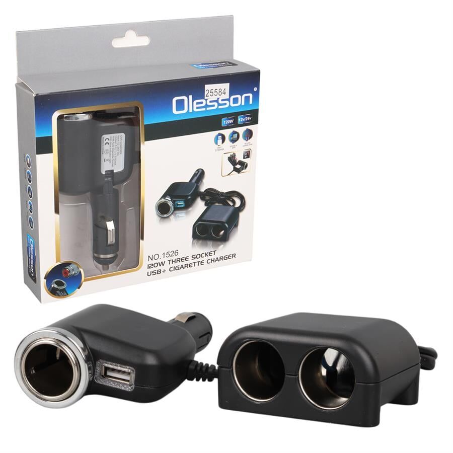 Ayt Olesson 1526 12-24V Çiftli Usbli 120W 80 Cm Kablolu Araç Oto Tır Çakmak Çoklayıcı Çakmaklık Çoğaltıcı