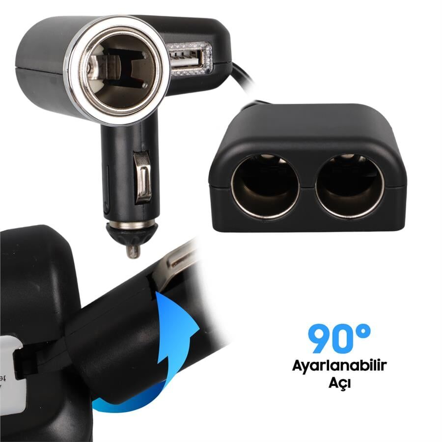 Ayt Olesson 1526 12-24V Çiftli Usbli 120W 80 Cm Kablolu Araç Oto Tır Çakmak Çoklayıcı Çakmaklık Çoğaltıcı