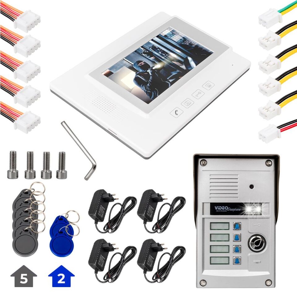 Powermaster Görüntülü Kapı Zili Intercom 4 Dairelik Diafon Kablosuz Gece Görüşlü Şifreli Çipli Kapı Zili Dört Daire