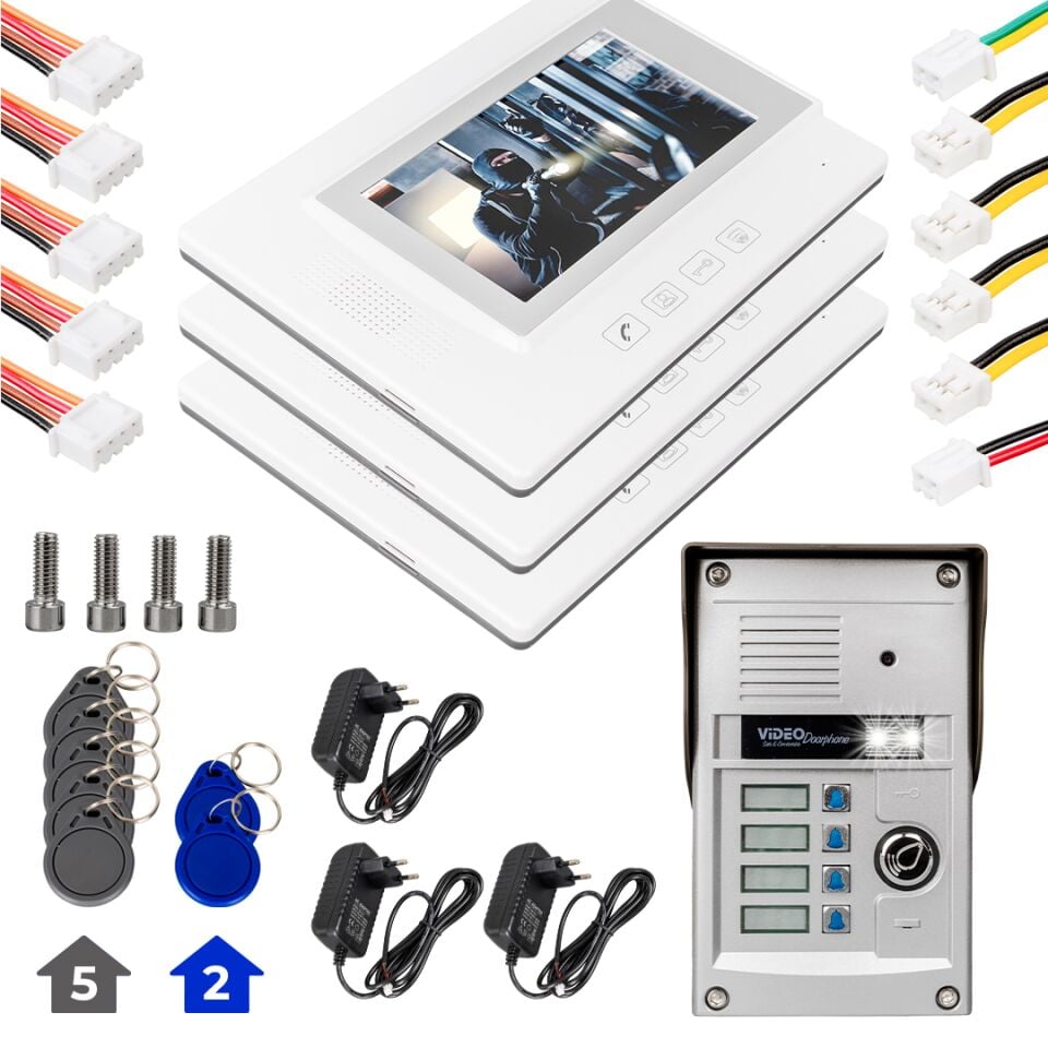 Powermaster Görüntülü Kapı Zili Intercom 4 Dairelik Diafon Kablosuz Gece Görüşlü Şifreli Çipli Kapı Zili Dört Daire